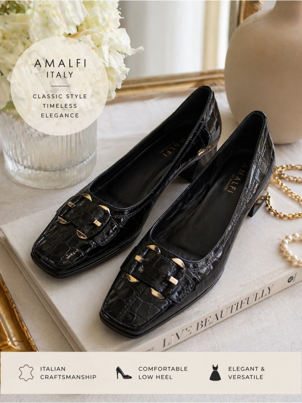 Amalfi Black Croc-Embossed Loafers with Gold Buckle